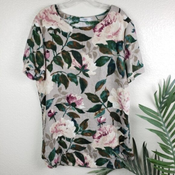 POU DOU DOU Vingt-Trois Japan Hemp/Cotton Woven Floral Print Tunic Top size M - Picture 1 of 13